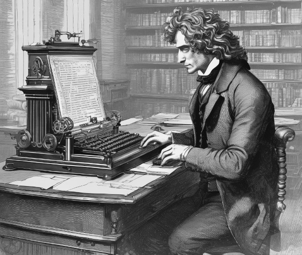 Isaac Newton typing on a computer.