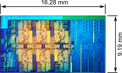 Intel i7 CPU die with over 1 billion transistors across 11 layers.